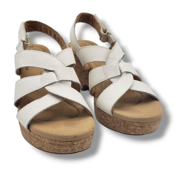 Clarks‎ Collection Giselle Beach Wedge Sandals Womens 11 White Leather Cork - Picture 2 of 9